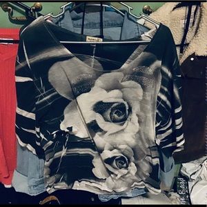 Black and white blouse with clear sequin stripes